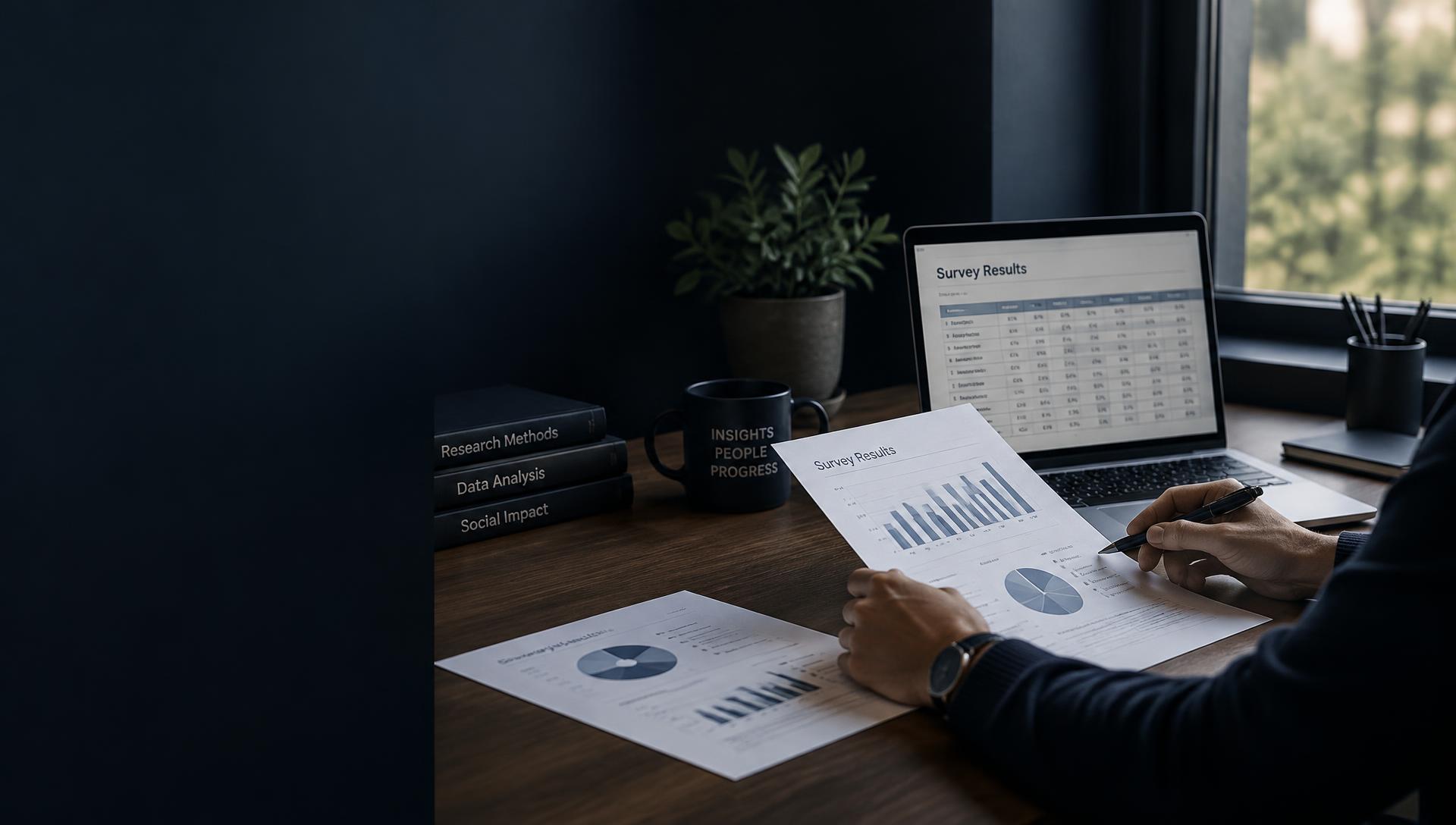 Researcher reviewing survey results at a desk